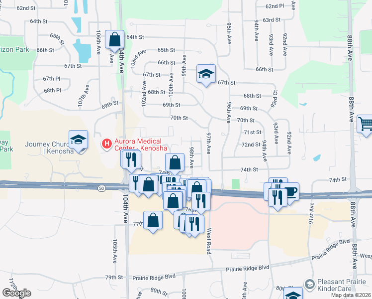 map of restaurants, bars, coffee shops, grocery stores, and more near 7107 98th Avenue in Kenosha