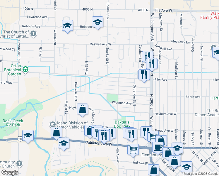 map of restaurants, bars, coffee shops, grocery stores, and more near 356 Dubois Avenue West in Twin Falls