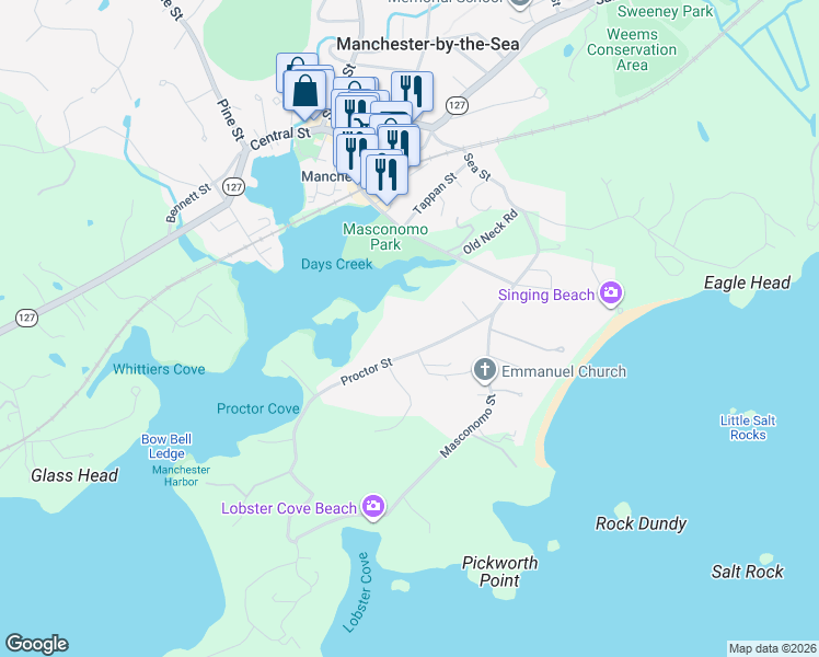 map of restaurants, bars, coffee shops, grocery stores, and more near 9 Proctor Street in Manchester-by-the-Sea