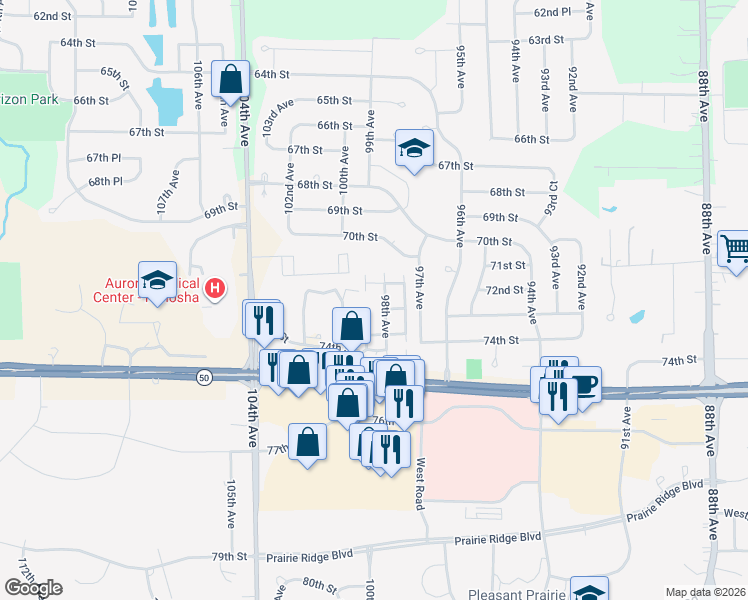 map of restaurants, bars, coffee shops, grocery stores, and more near 7107 98th Avenue in Kenosha