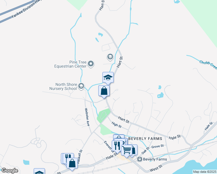 map of restaurants, bars, coffee shops, grocery stores, and more near 74 Hart Street in Beverly