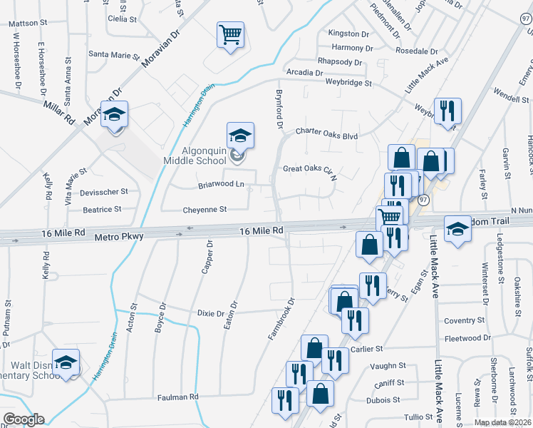 map of restaurants, bars, coffee shops, grocery stores, and more near 37020 Cochise Street in Clinton Township