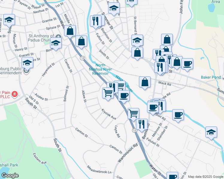 map of restaurants, bars, coffee shops, grocery stores, and more near 721 Water Street in Fitchburg