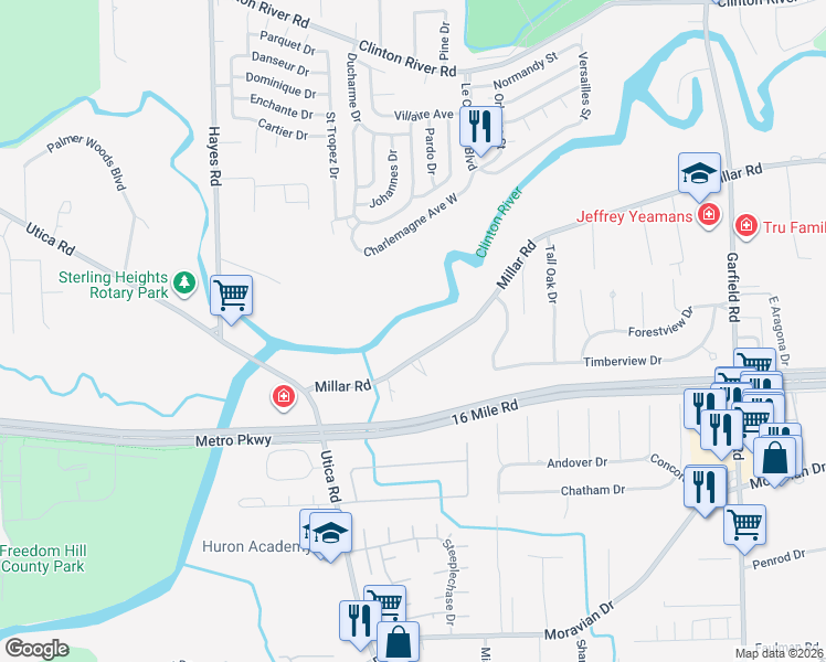 map of restaurants, bars, coffee shops, grocery stores, and more near 15851 Millar Road in Charter Township of Clinton