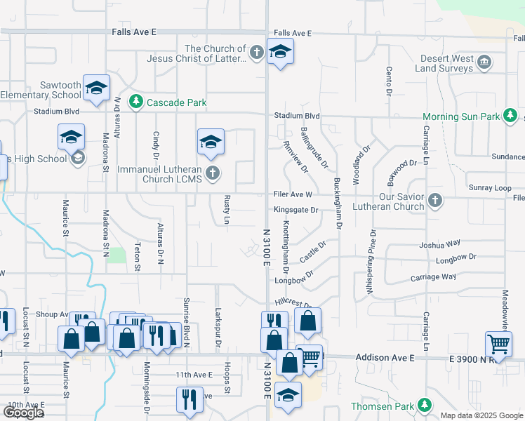 map of restaurants, bars, coffee shops, grocery stores, and more near 2179 Rusty Court in Twin Falls