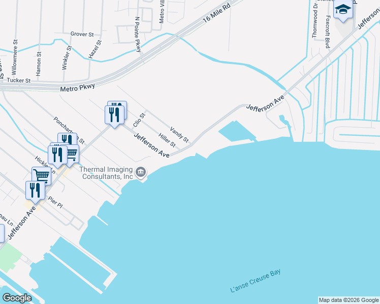 map of restaurants, bars, coffee shops, grocery stores, and more near 37311 Jefferson Avenue in Harrison charter Township