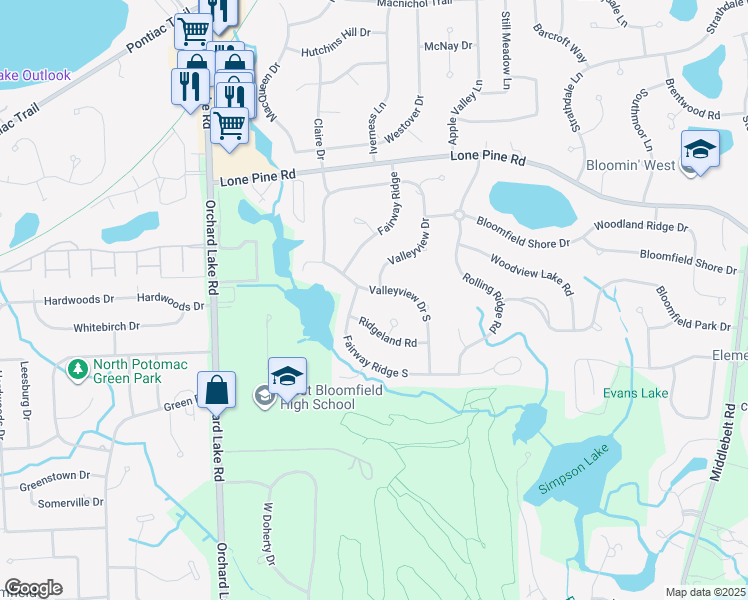 map of restaurants, bars, coffee shops, grocery stores, and more near 4736 Valleyview Drive South in West Bloomfield Township