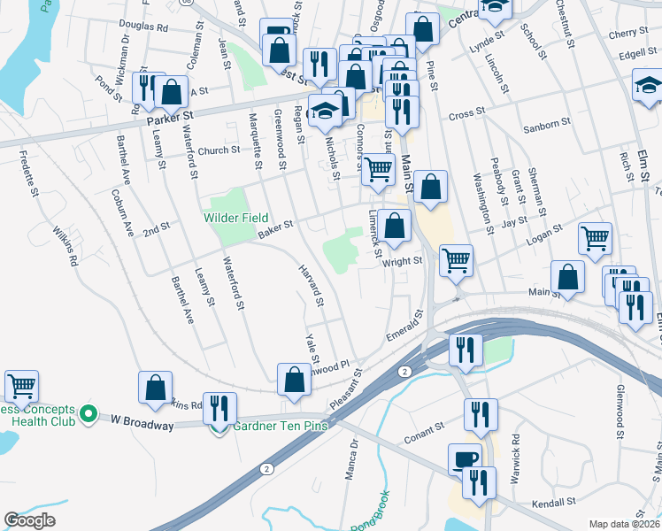 map of restaurants, bars, coffee shops, grocery stores, and more near 180 Greenwood Street in Gardner
