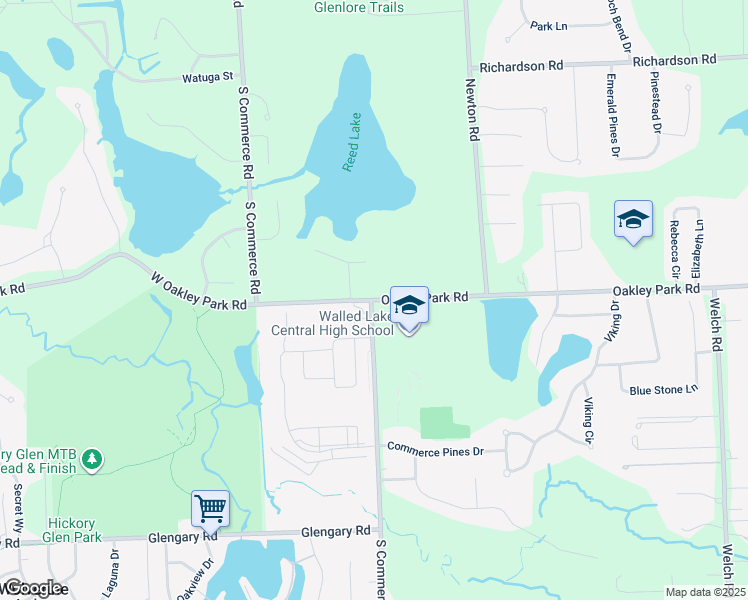 map of restaurants, bars, coffee shops, grocery stores, and more near 1412 Oakley Park Road in Walled Lake