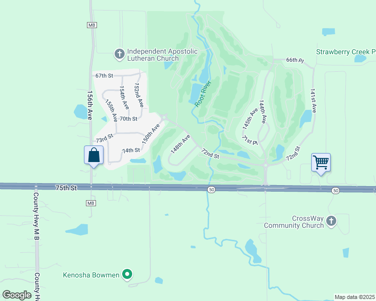 map of restaurants, bars, coffee shops, grocery stores, and more near 7222 147th Avenue in Kenosha