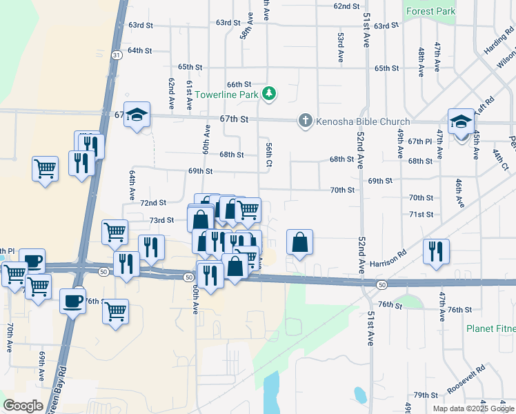 map of restaurants, bars, coffee shops, grocery stores, and more near 5631 70th Street in Kenosha