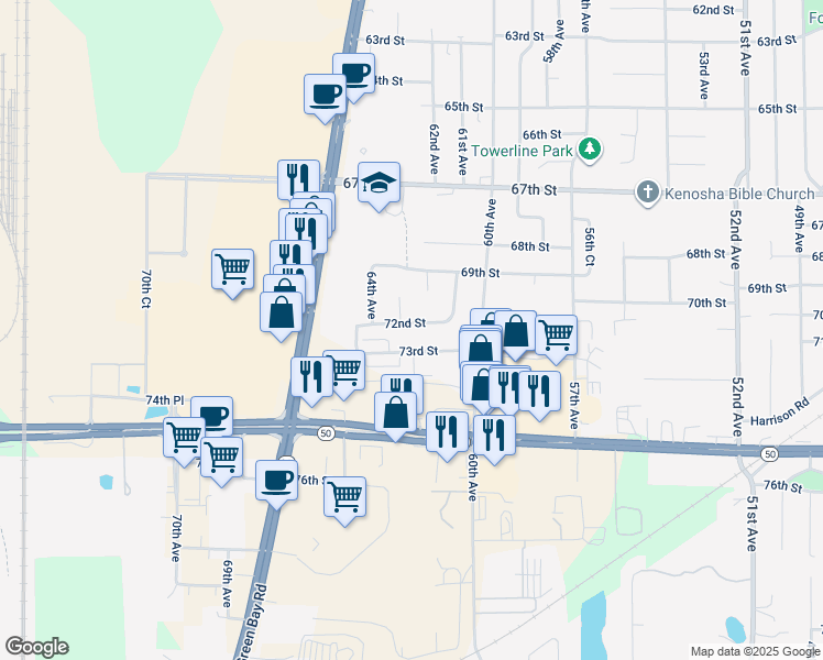 map of restaurants, bars, coffee shops, grocery stores, and more near 6122 72nd Street in Kenosha