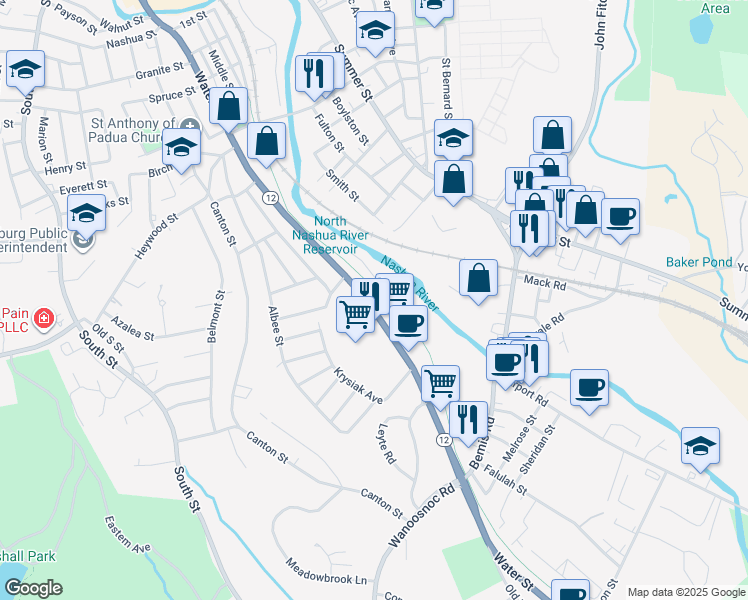 map of restaurants, bars, coffee shops, grocery stores, and more near 734 Water Street in Fitchburg