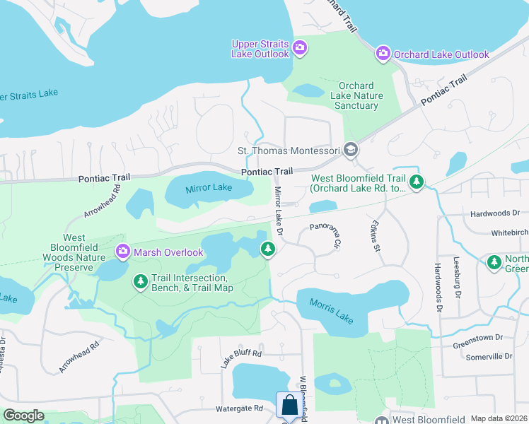 map of restaurants, bars, coffee shops, grocery stores, and more near 5016 Mirror Lake Court in West Bloomfield Township