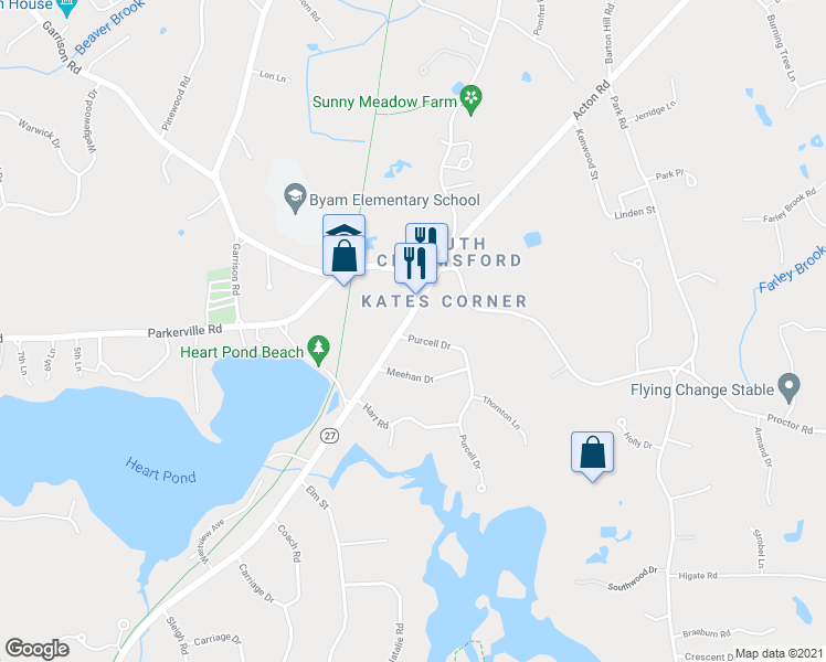 map of restaurants, bars, coffee shops, grocery stores, and more near 2 Purcell Drive in Chelmsford