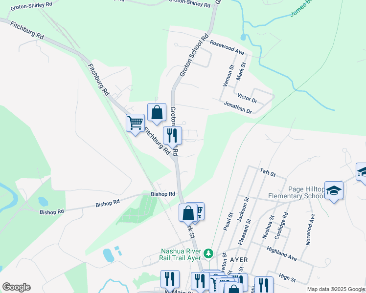 map of restaurants, bars, coffee shops, grocery stores, and more near 9 Groton School Road in Ayer