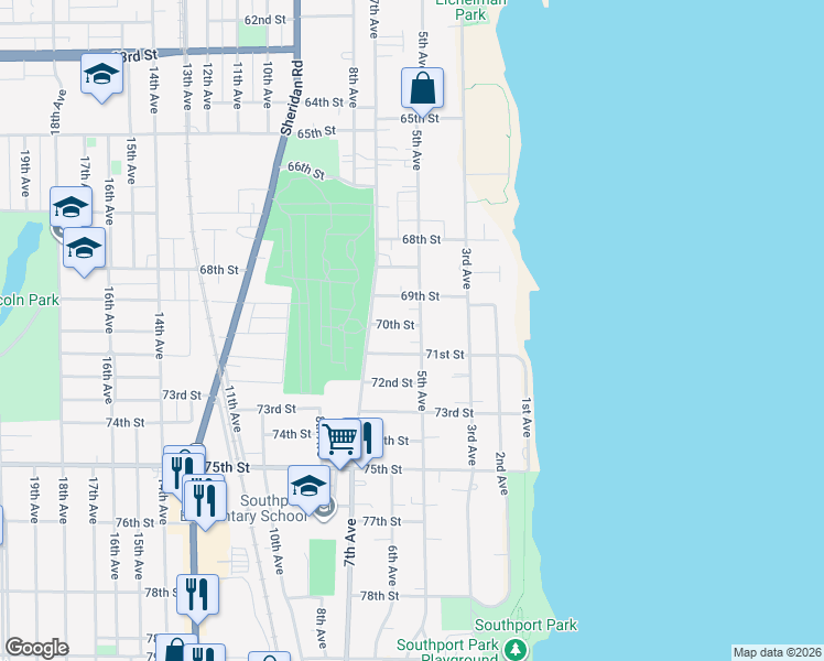 map of restaurants, bars, coffee shops, grocery stores, and more near 516 70th Street in Kenosha