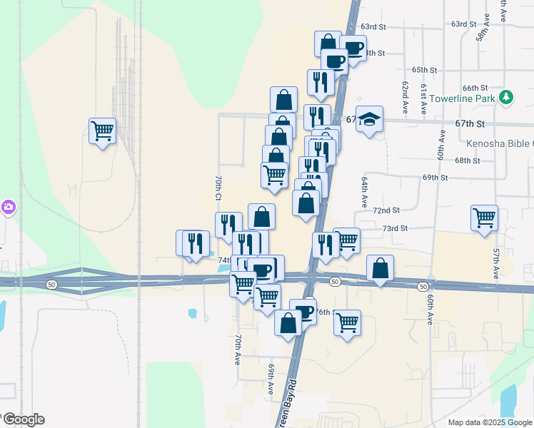 map of restaurants, bars, coffee shops, grocery stores, and more near 7200 Green Bay Road in Kenosha