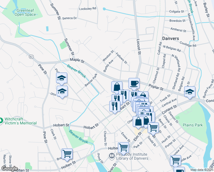 map of restaurants, bars, coffee shops, grocery stores, and more near 162 Maple Street in Danvers