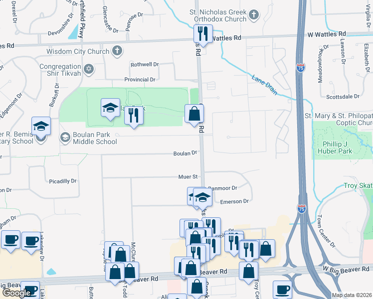 map of restaurants, bars, coffee shops, grocery stores, and more near 1480 Boulan Drive in Troy
