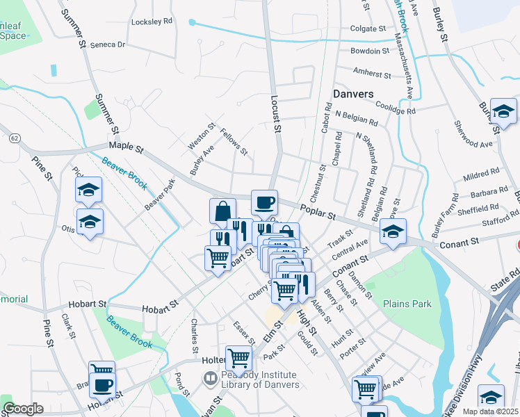 map of restaurants, bars, coffee shops, grocery stores, and more near 19 Poplar Street in Danvers