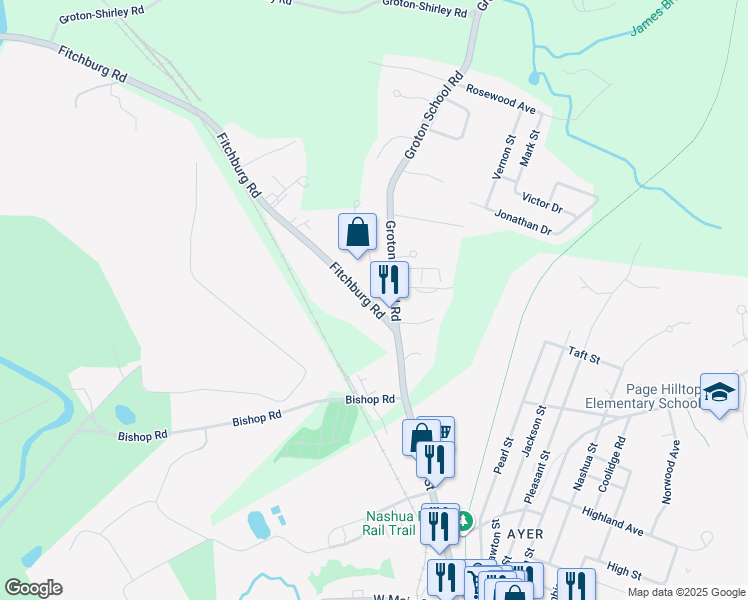 map of restaurants, bars, coffee shops, grocery stores, and more near 13 Fitchburg Road in Ayer