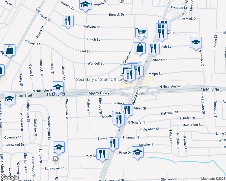 map of restaurants, bars, coffee shops, grocery stores, and more near Metro Parkway in Macomb County