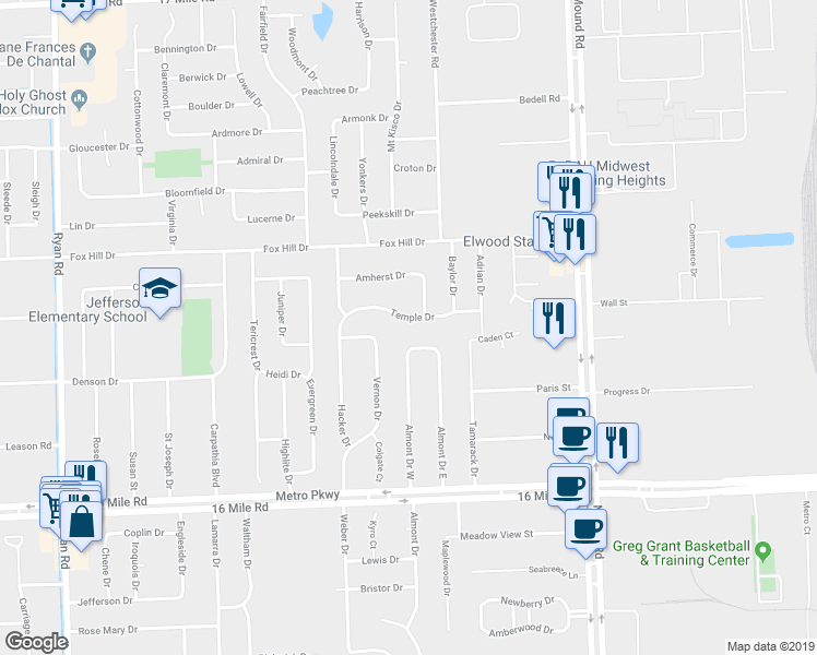 map of restaurants, bars, coffee shops, grocery stores, and more near 5070 Temple Drive in Sterling Heights