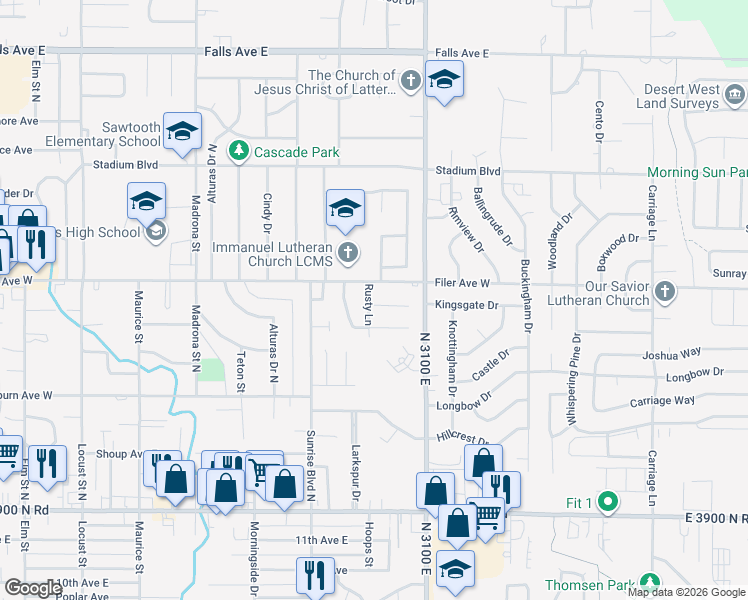 map of restaurants, bars, coffee shops, grocery stores, and more near 2111 Rusty Court in Twin Falls