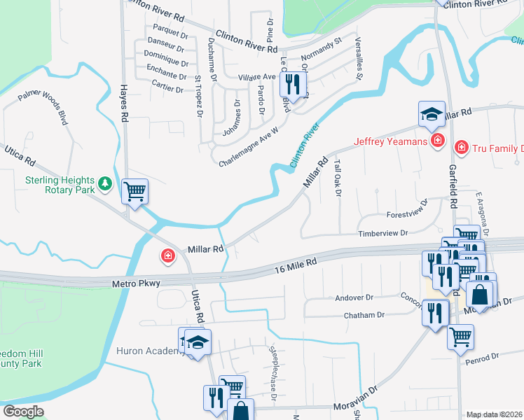 map of restaurants, bars, coffee shops, grocery stores, and more near 15851 Millar Road in Clinton Township