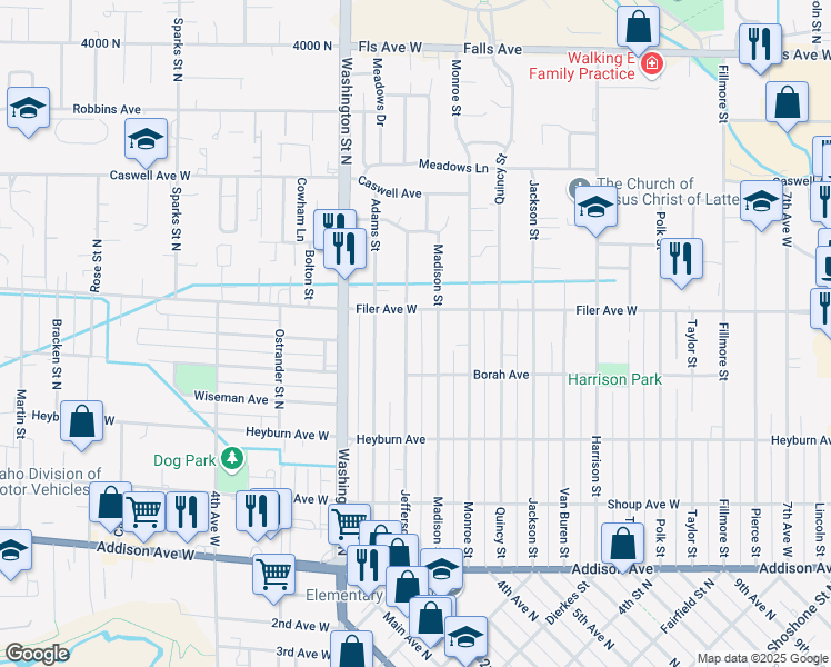 map of restaurants, bars, coffee shops, grocery stores, and more near 472 Jefferson Street in Twin Falls