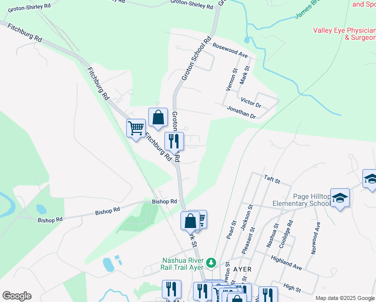 map of restaurants, bars, coffee shops, grocery stores, and more near 9 Groton School Road in Ayer