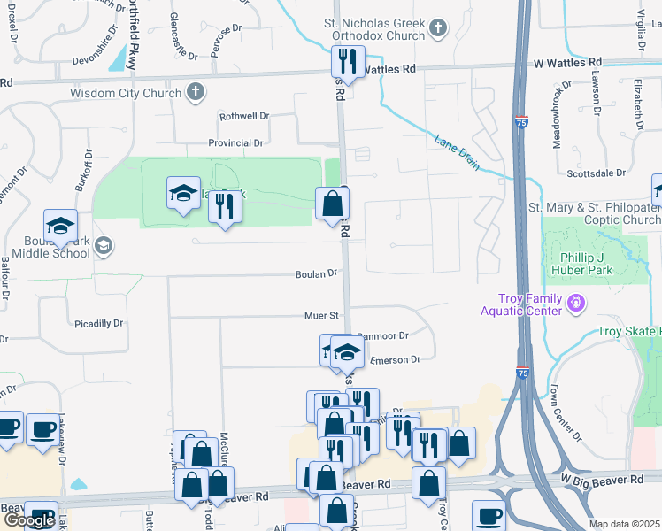 map of restaurants, bars, coffee shops, grocery stores, and more near 1480 Boulan Drive in Troy