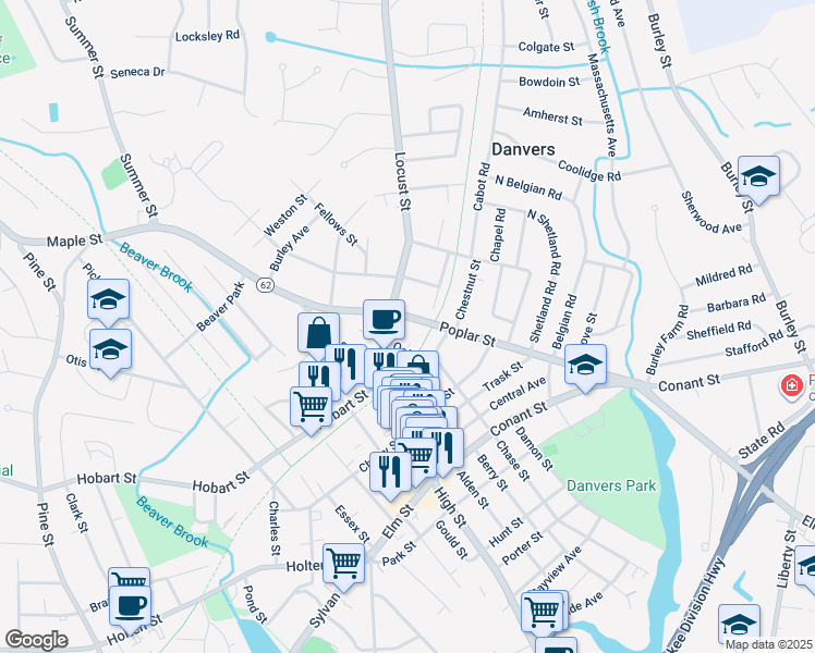 map of restaurants, bars, coffee shops, grocery stores, and more near 29 Poplar Street in Danvers