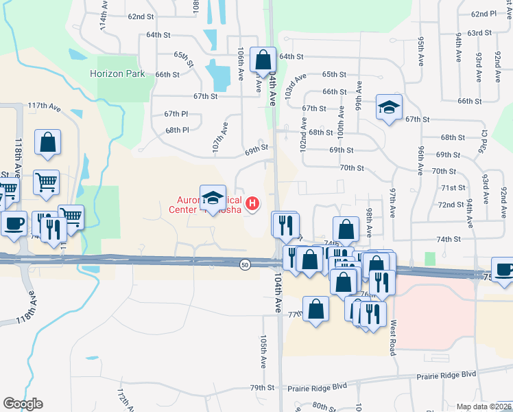 map of restaurants, bars, coffee shops, grocery stores, and more near 7226 104th Avenue in Kenosha