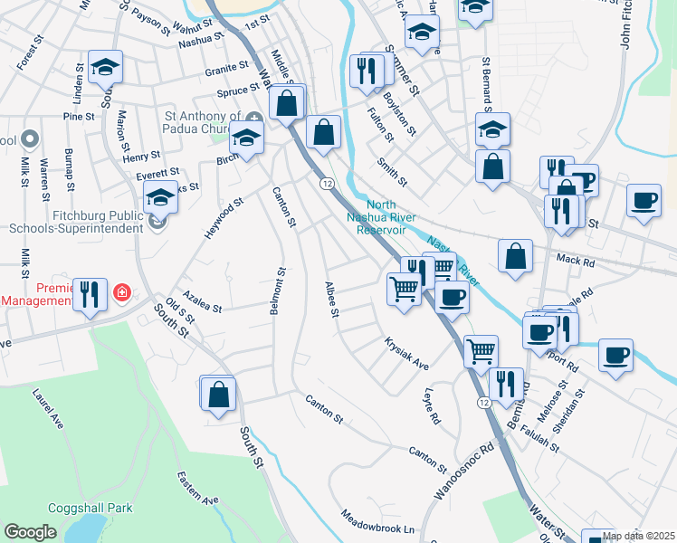 map of restaurants, bars, coffee shops, grocery stores, and more near 11 Lyman Avenue in Fitchburg