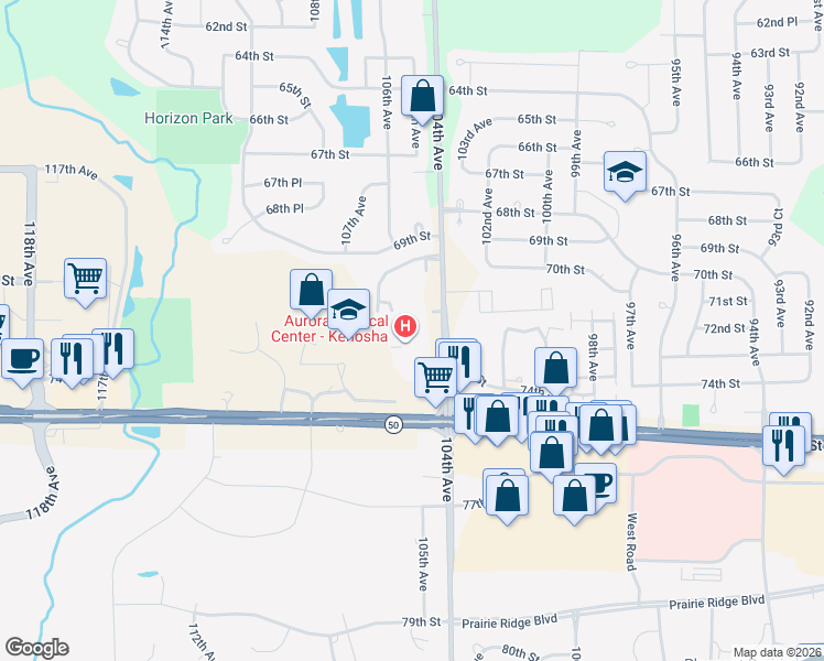 map of restaurants, bars, coffee shops, grocery stores, and more near 7226-7392 104th Ave in Kenosha