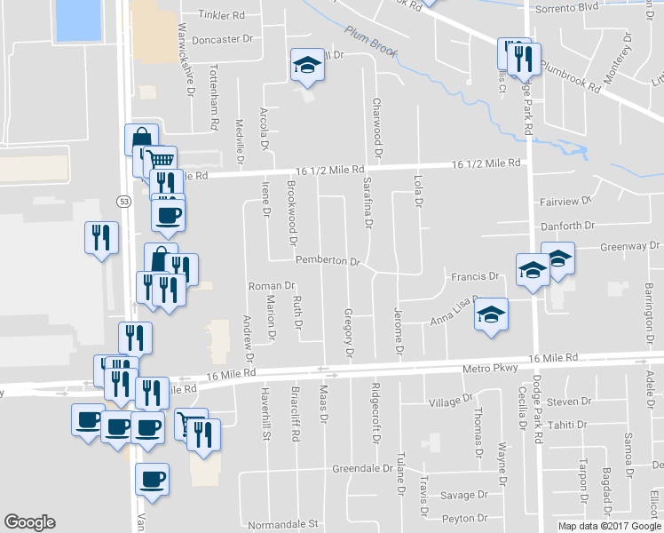map of restaurants, bars, coffee shops, grocery stores, and more near 37554 Maas Drive in Sterling Heights