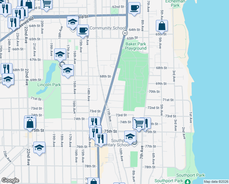 map of restaurants, bars, coffee shops, grocery stores, and more near 6919 Sheridan Road in Kenosha