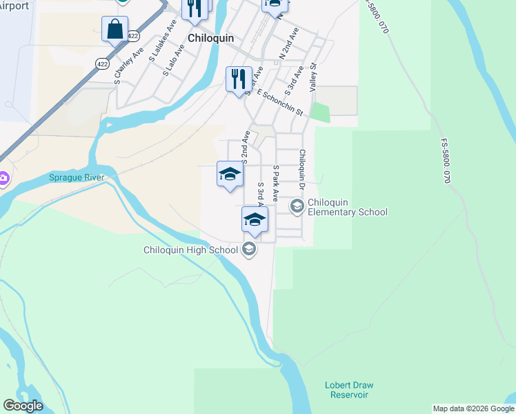 map of restaurants, bars, coffee shops, grocery stores, and more near 604 South 3rd Avenue in Chiloquin