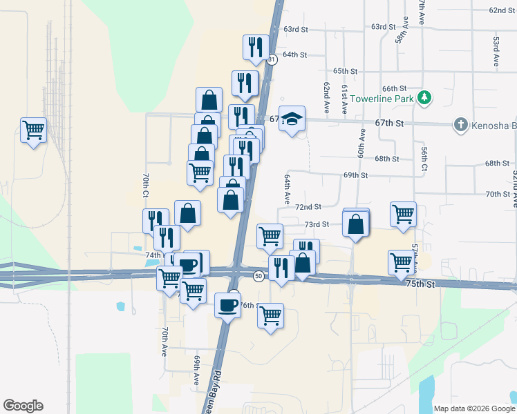 map of restaurants, bars, coffee shops, grocery stores, and more near 7201 Green Bay Road in Kenosha