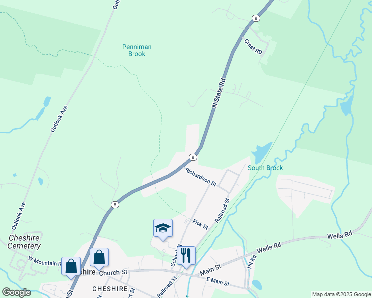 map of restaurants, bars, coffee shops, grocery stores, and more near 415-417 North State Road in Cheshire