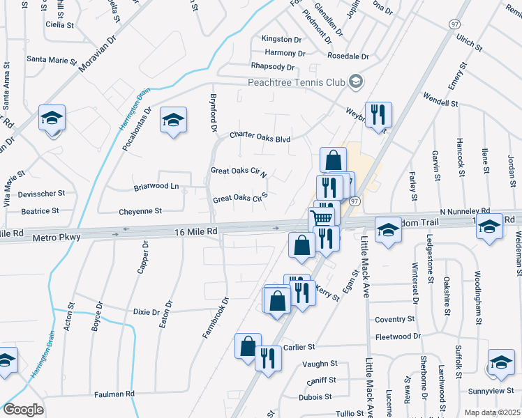 map of restaurants, bars, coffee shops, grocery stores, and more near 20162 Great Oaks Circle South in Clinton Township