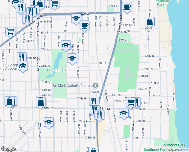 map of restaurants, bars, coffee shops, grocery stores, and more near 6923 14th Avenue in Kenosha