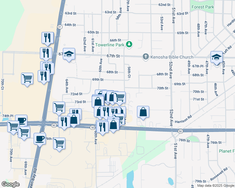 map of restaurants, bars, coffee shops, grocery stores, and more near 7203 60th Avenue in Kenosha