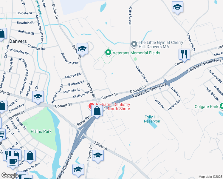 map of restaurants, bars, coffee shops, grocery stores, and more near 3 Grapevine Road in Danvers