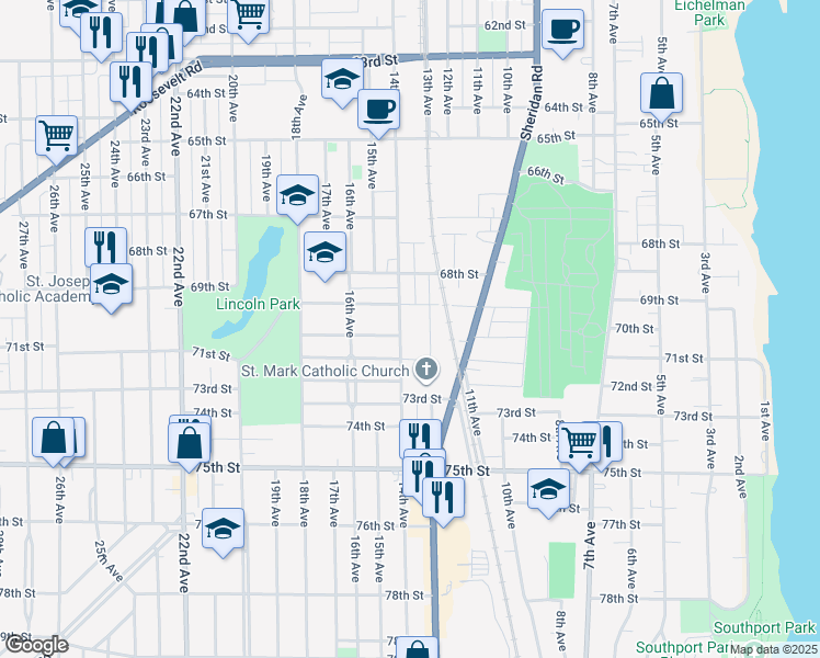 map of restaurants, bars, coffee shops, grocery stores, and more near 6923 14th Avenue in Kenosha