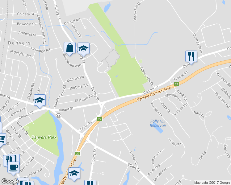 map of restaurants, bars, coffee shops, grocery stores, and more near 3 Grapevine Road in Danvers