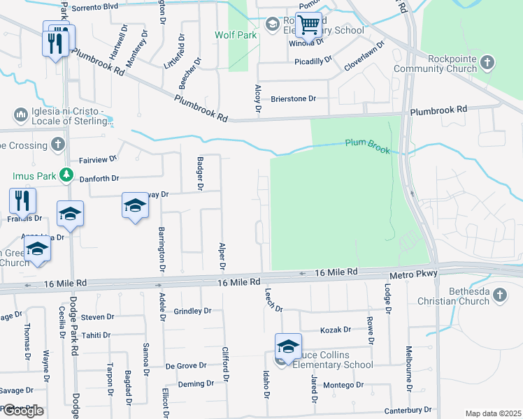 map of restaurants, bars, coffee shops, grocery stores, and more near 37327 Golfview Drive in Sterling Heights