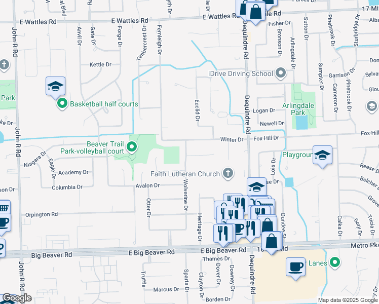 map of restaurants, bars, coffee shops, grocery stores, and more near 3410 Wolverine Drive in Troy
